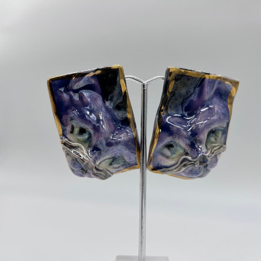 Vintage Ceramic Cat Face Earrings Pierced Purple Amy Lacombe ? 80's 90's Jewelry